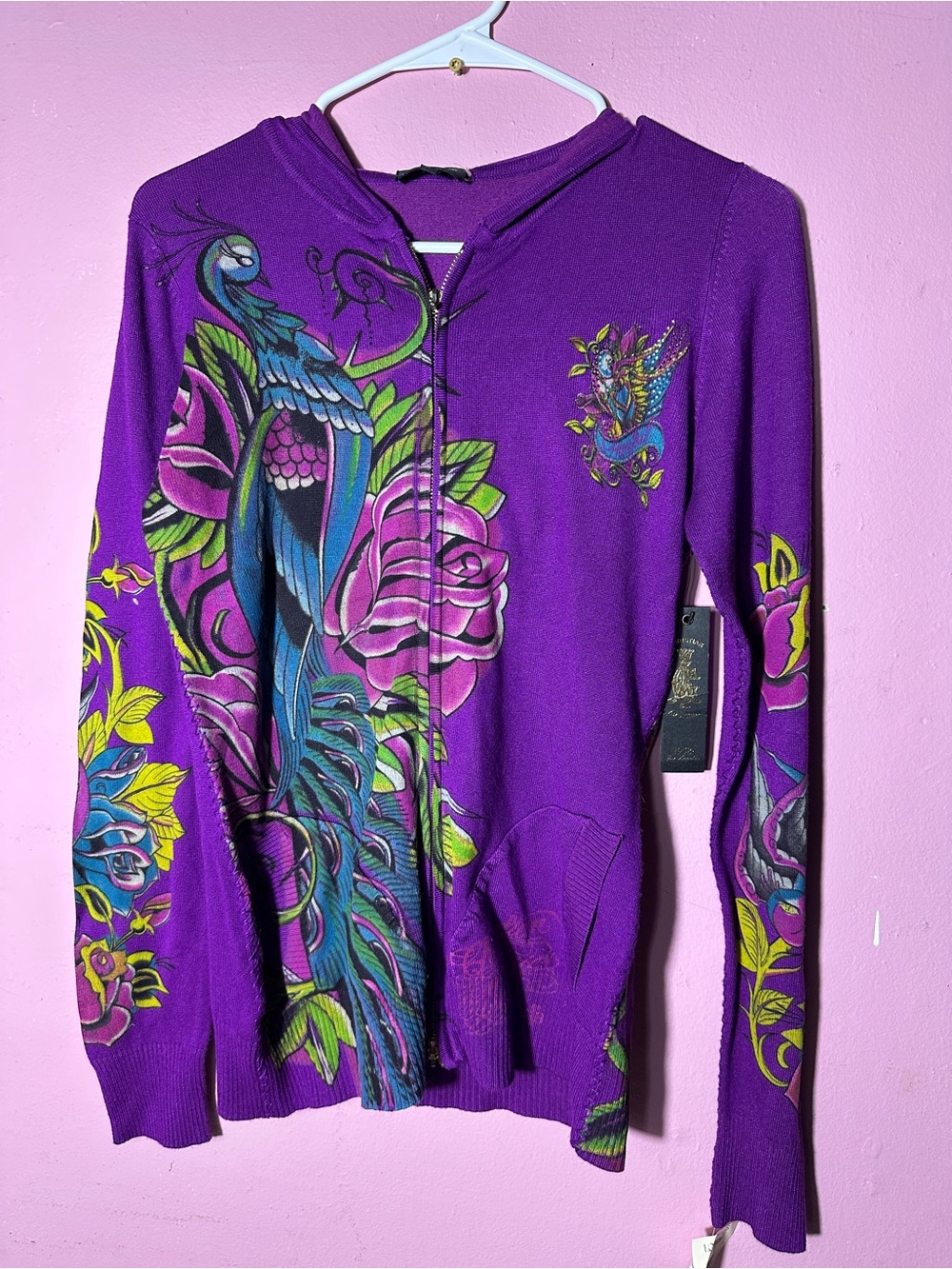 Y2K Christian Audigier Ed Hardy peacock Purple Hoodie with Floral Sleeve